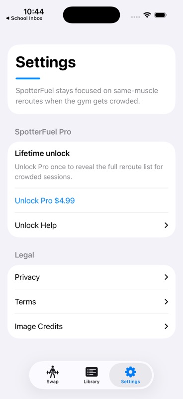 SpotterFuel settings and Pro unlock screen.